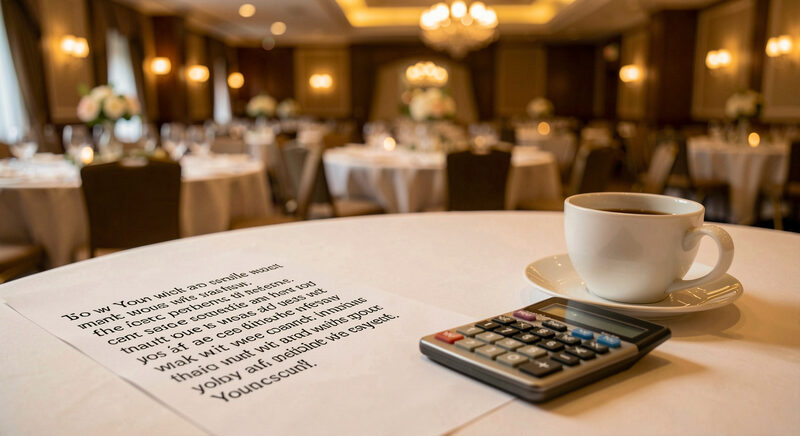 A printed quote and a calculator on a table beside a cup of coffee, a hall's banquet room blurred behind.