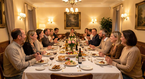A warm, softly lit banquet room with long tables of family and friends talking over a shared meal.