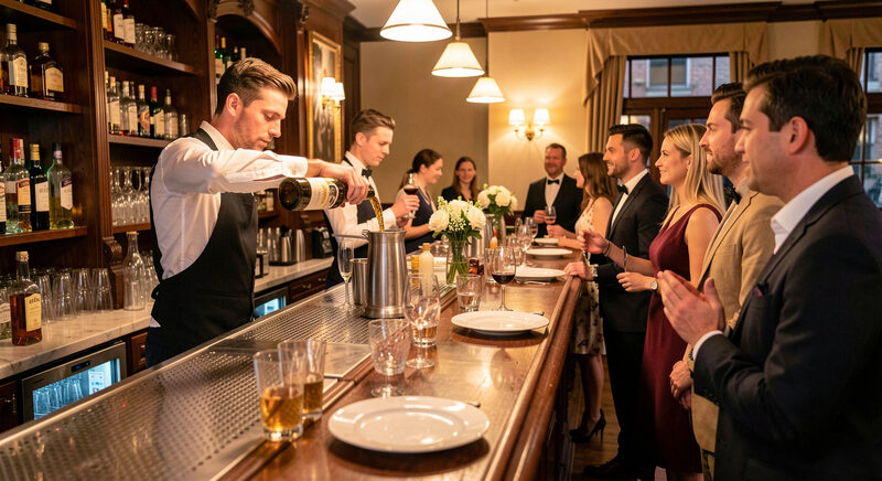 A bartender pouring a drink behind a banquet bar while guests wait in a short, orderly line.
