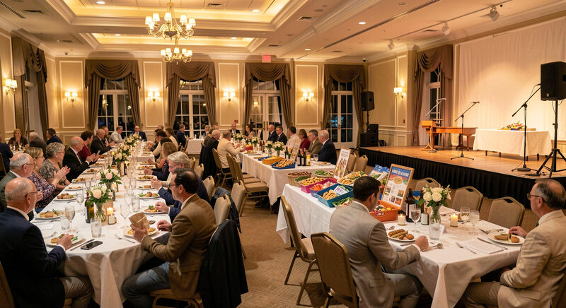 A hall of guests at long tables during a fundraiser evening, a raffle prize table and a small stage with a microphone.