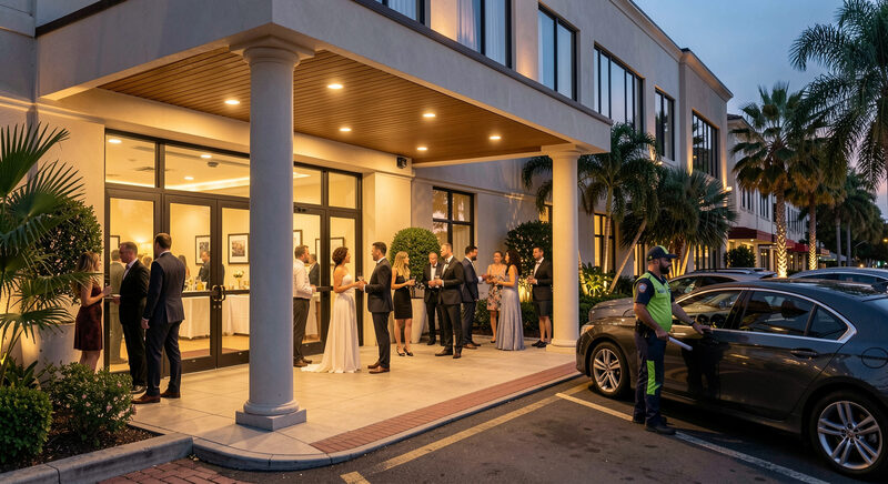 Guests arriving at a banquet hall entrance at dusk, a lit portico and a parking attendant guiding a car.