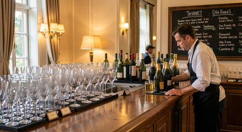 A bar counter in a banquet hall with rows of glasses, a server arranging bottles and a chalkboard drink list behind.