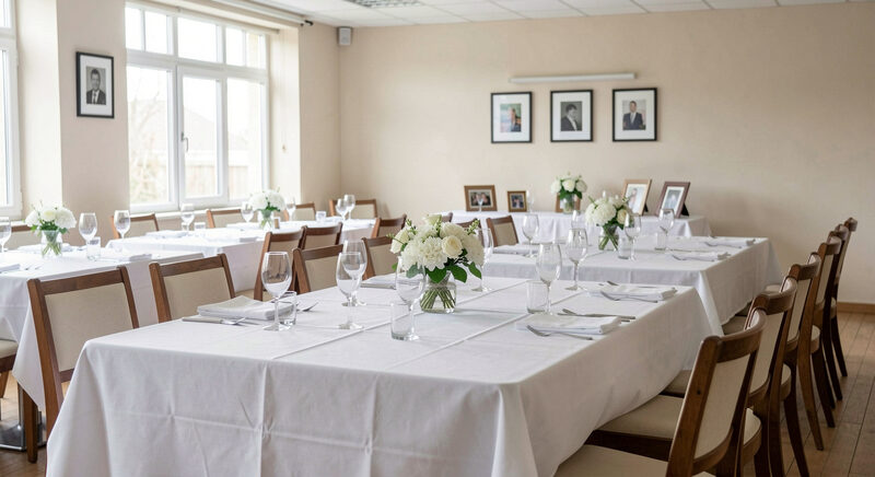A quiet banquet room with long tables set with white cloths, a small arrangement of flowers and framed photographs at one end.