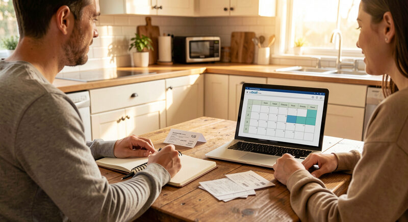 A couple at a kitchen table with a notebook, receipts and a laptop showing a simple budget grid.