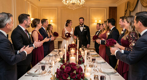 A bride and groom greeting guests at the head of a banquet table decorated with burgundy flowers and candles.